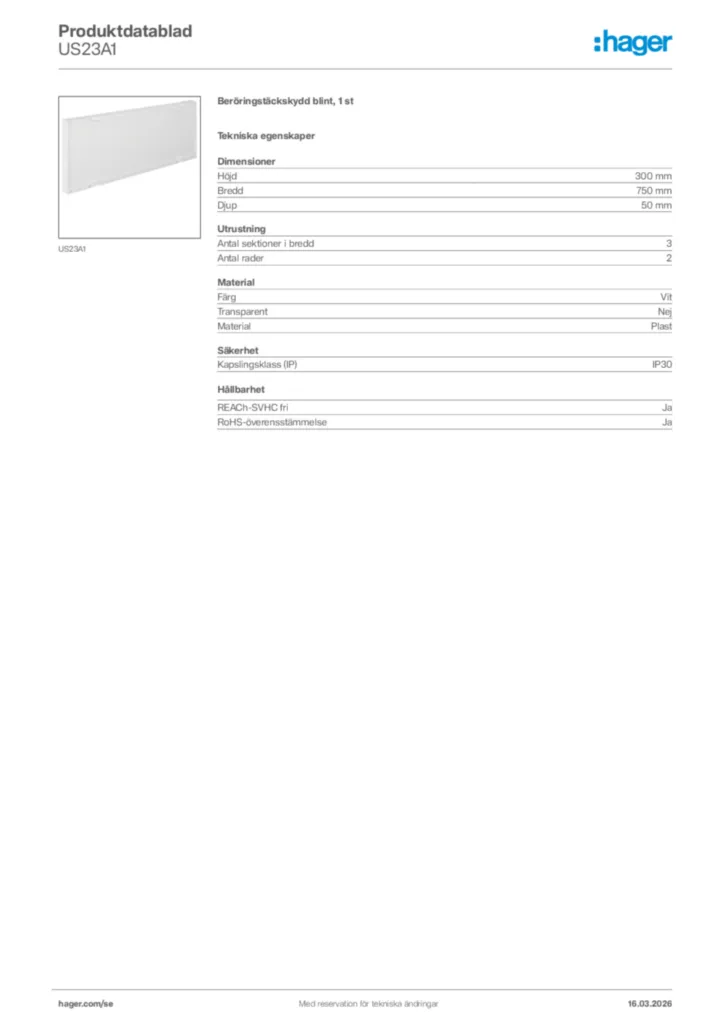 Bild Hager Produktdatablad US23A1 | Hager Sverige