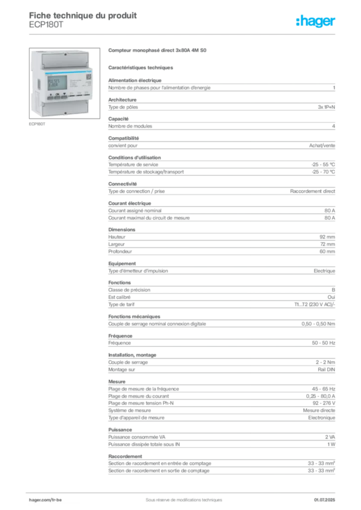 Image Hager Fiche technique du produit ECP180T | Hager Belgique