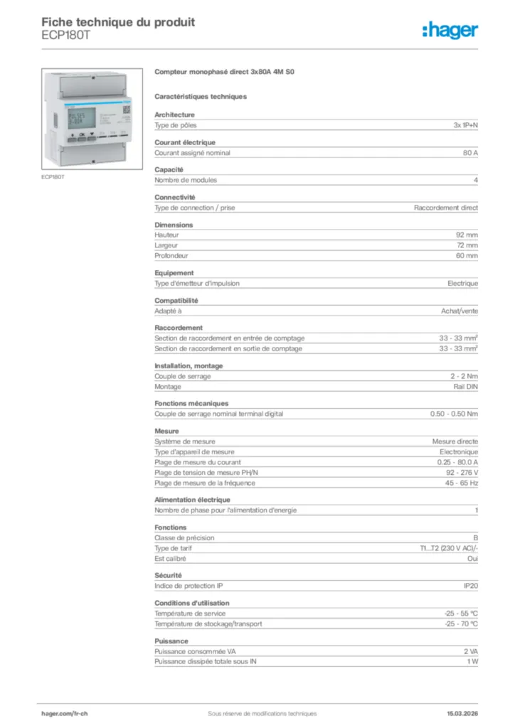 Image Hager Fiche technique du produit ECP180T | Hager Suisse