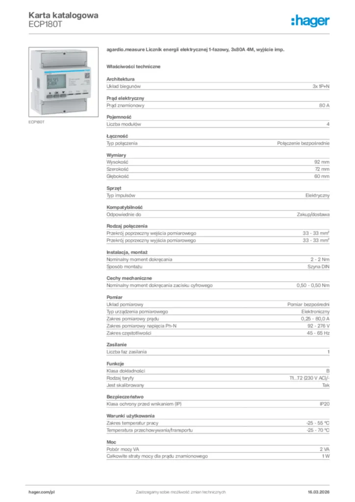 Zdjęcie Hager Karta katalogowa ECP180T | Hager Polska