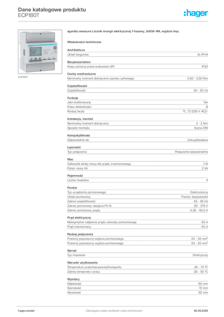 Zdjęcie Hager Karta katalogowa ECP180T | Hager Polska