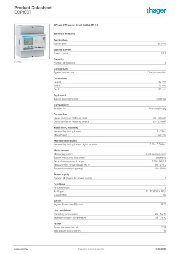 Image Hager Product data sheet ECP180T  | Hager Australia