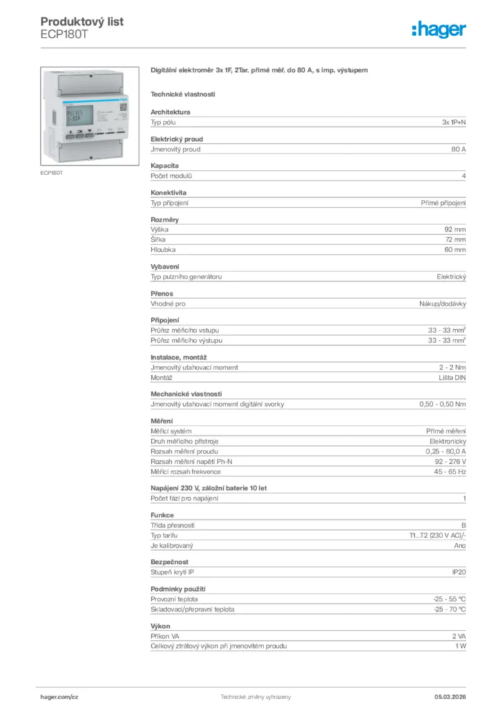 Obrázek Hager Product data sheet ECP180T | Hager