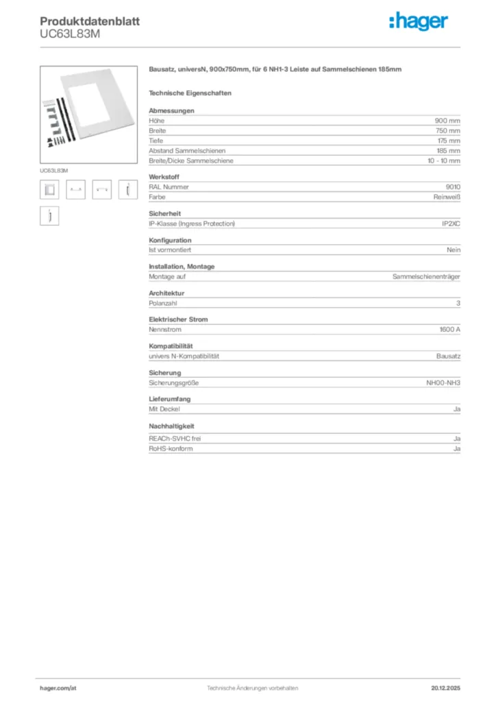 Bild Hager Produktdatenblatt UC63L83M | Hager Deutschland