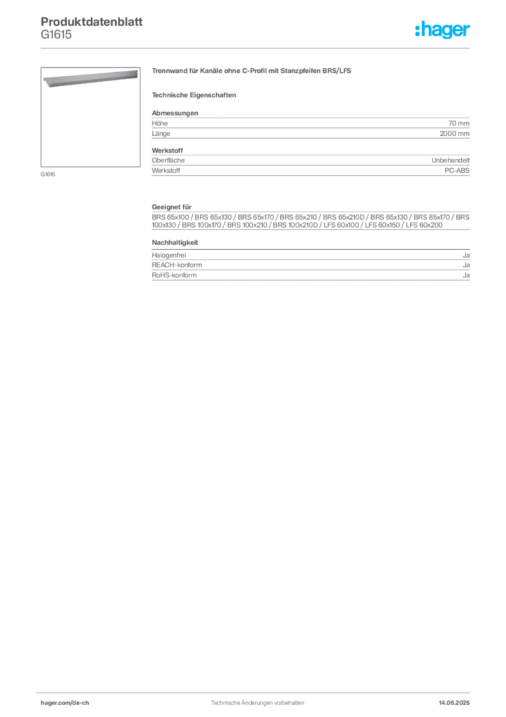 Bild Hager Produktdatenblatt G1615 | Hager Schweiz