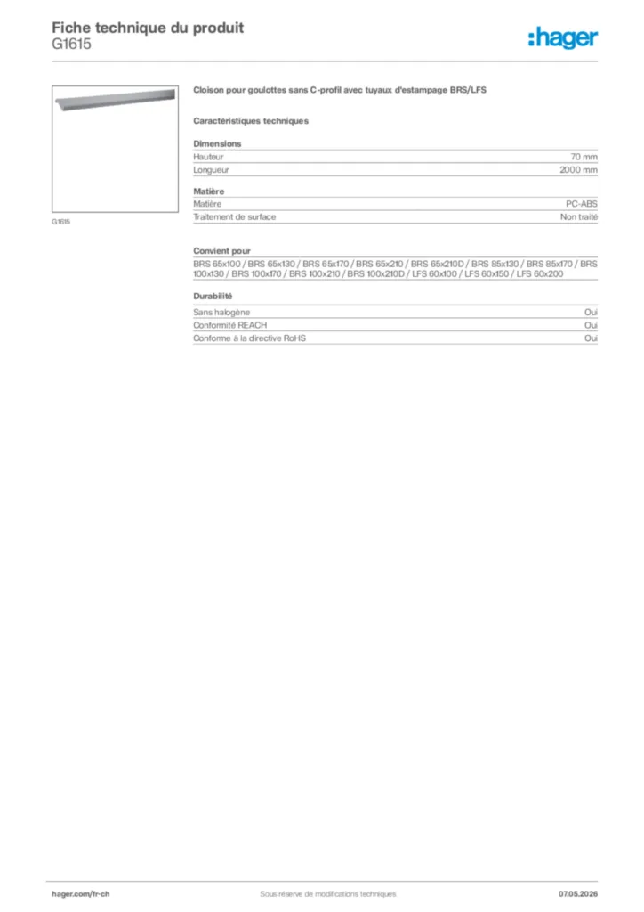 Image Hager Fiche technique du produit G1615 | Hager Suisse