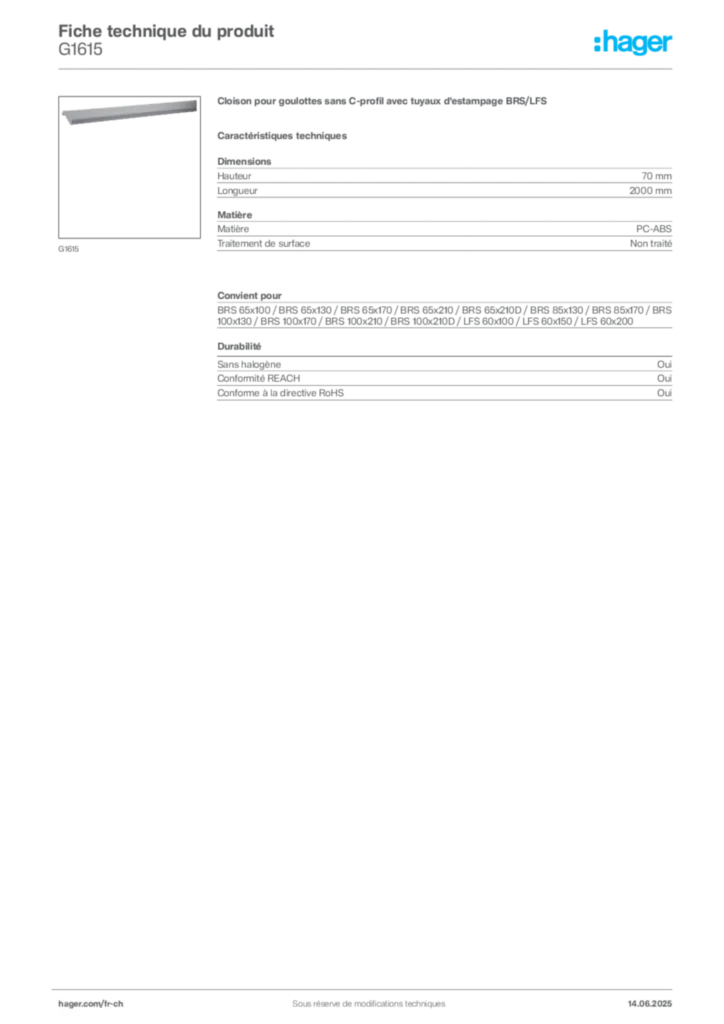 Image Hager Fiche technique du produit G1615 | Hager Suisse