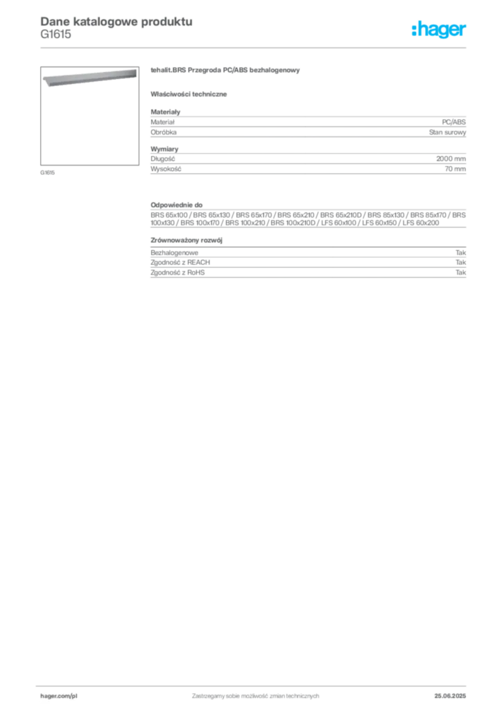 Zdjęcie Hager Karta katalogowa G1615 | Hager Polska