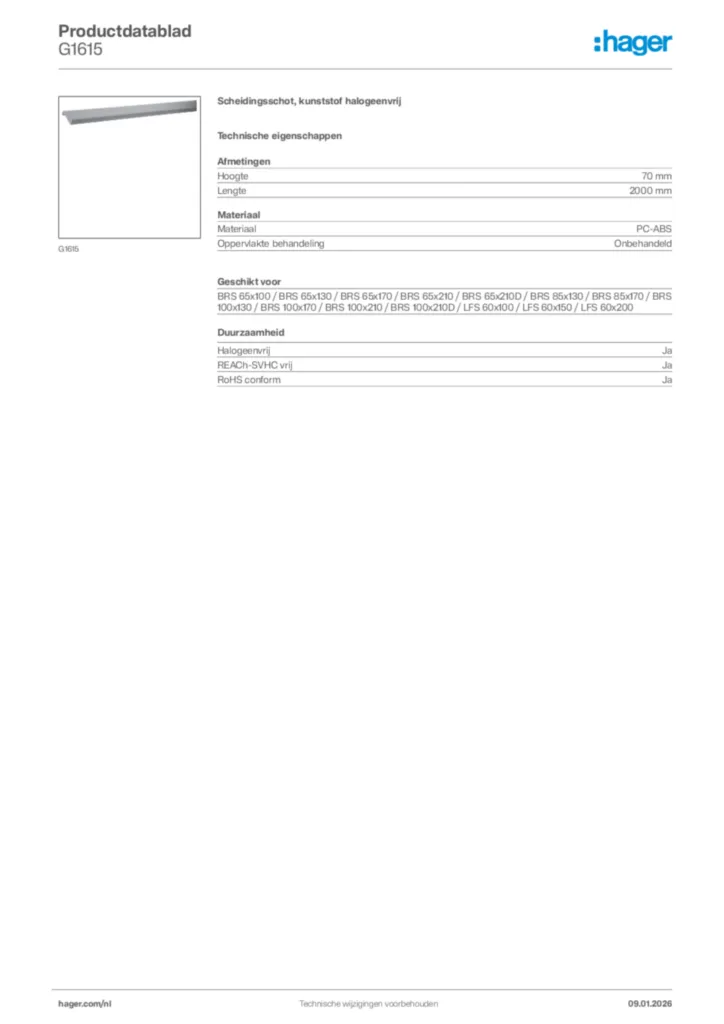 Afbeelding Hager Productdatablad G1615 | Hager Nederland