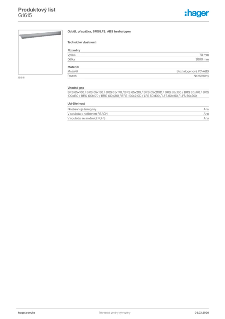 Obrázek Hager Product data sheet G1615 | Hager