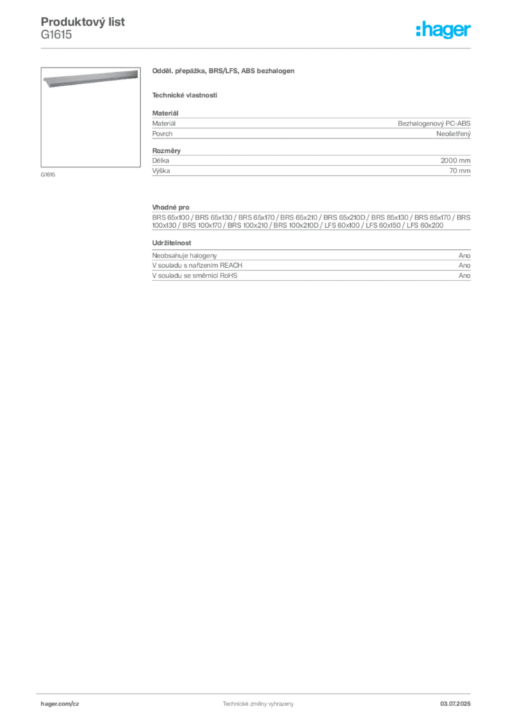 Obrázek Hager Produktový list G1615 | Hager