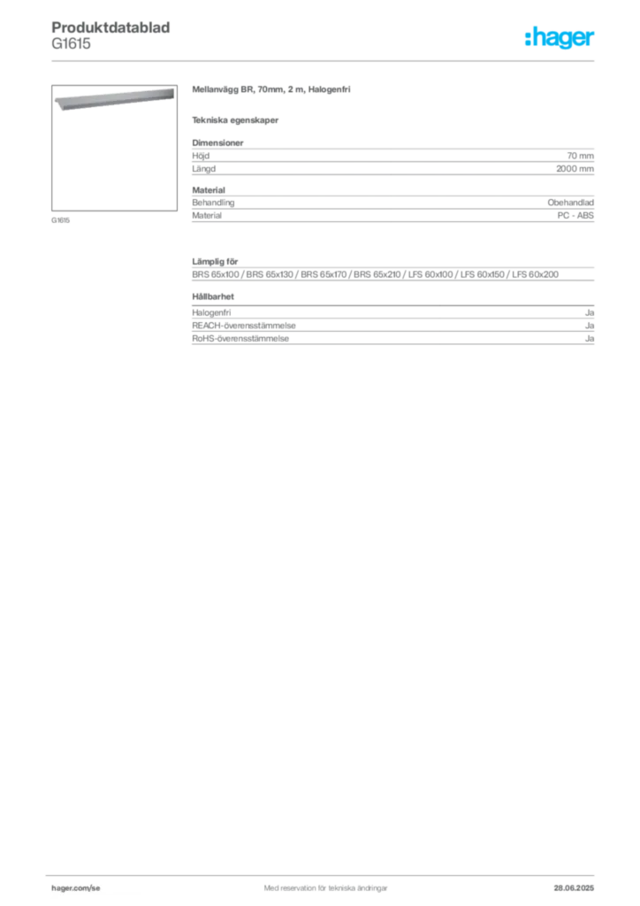 Bild Hager Produktdatablad G1615 | Hager Sverige