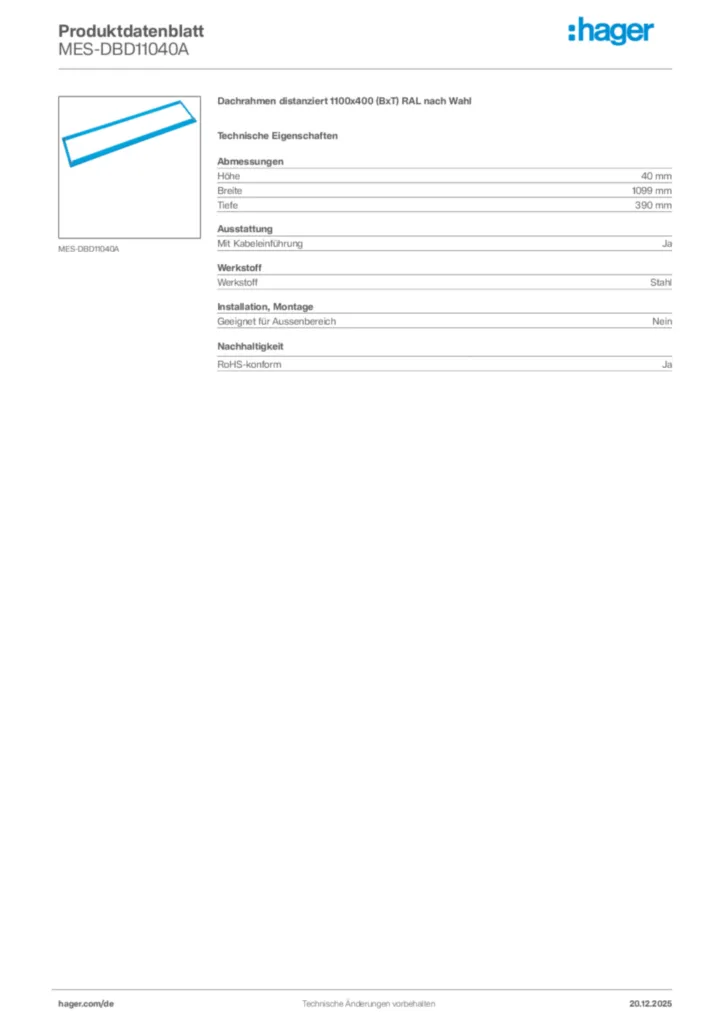 Bild Hager Produktdatenblatt MES-DBD11040A | Hager Deutschland