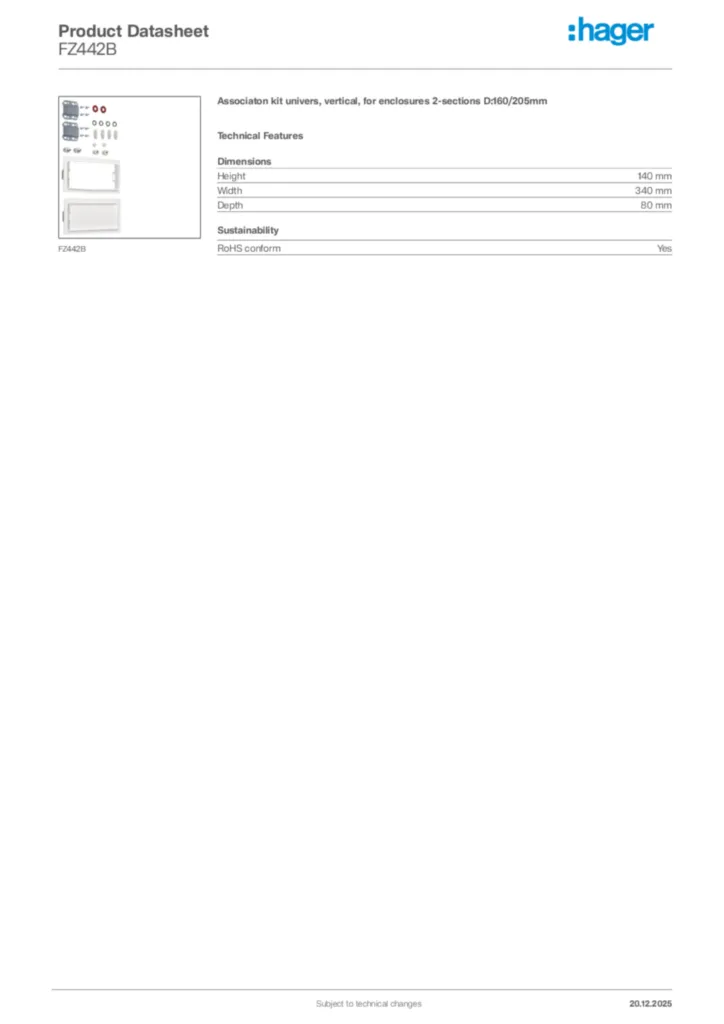 Image Hager Product data sheet FZ442B  | Hager Africa