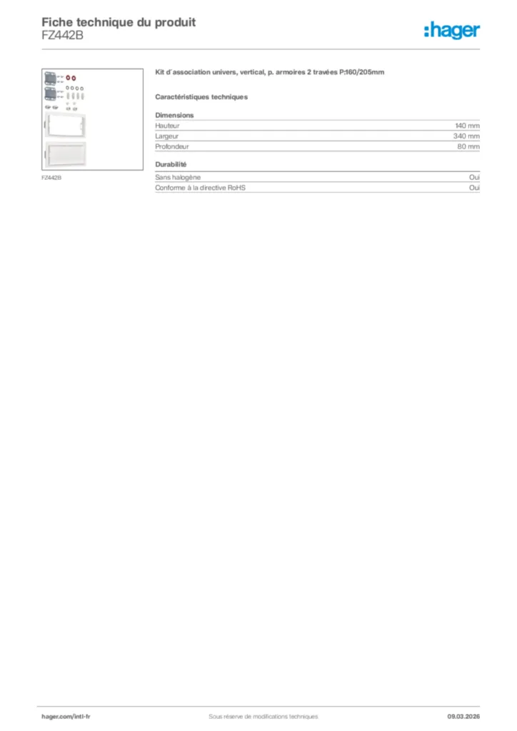 Image Hager Fiche technique du produit FZ442B | Hager Afrique