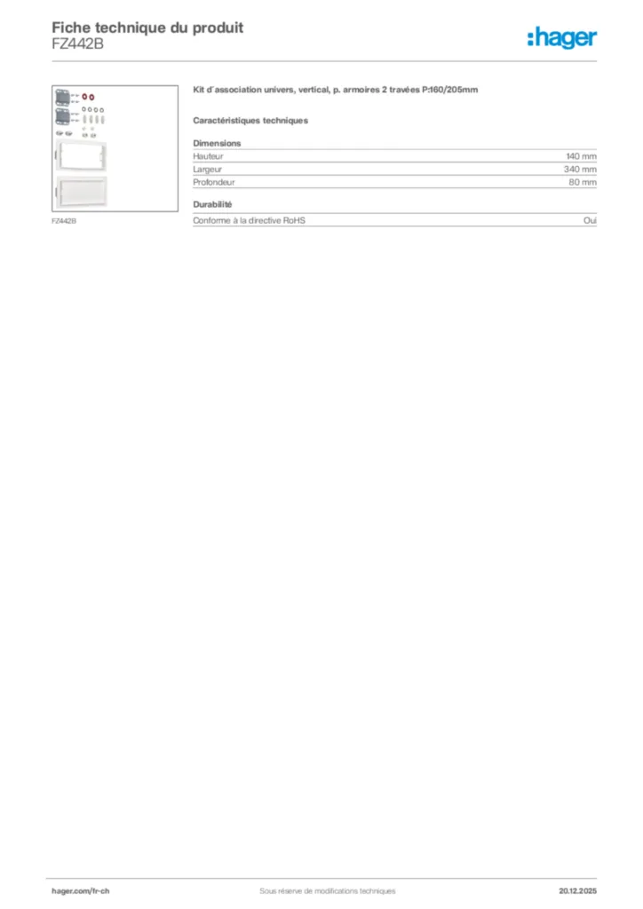 Image Hager Fiche technique du produit FZ442B | Hager Suisse