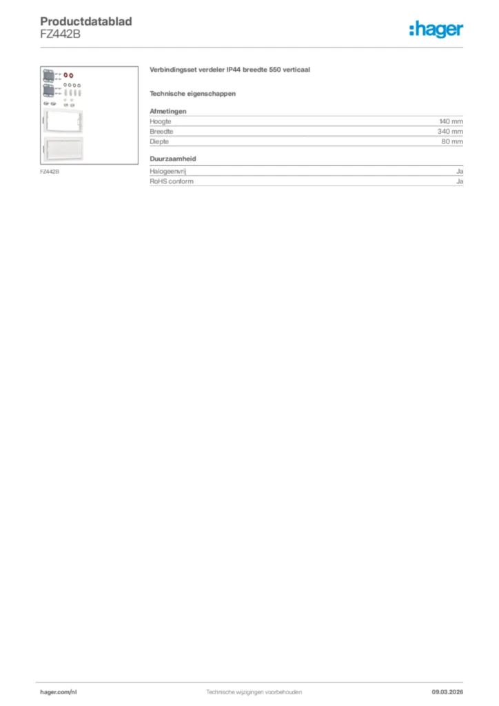 Afbeelding Hager Productdatablad FZ442B | Hager Nederland