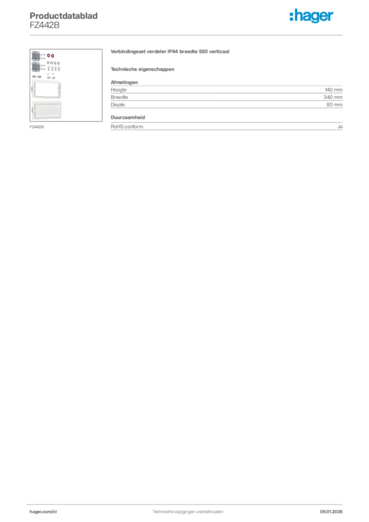 Afbeelding Hager Productdatablad FZ442B | Hager Nederland