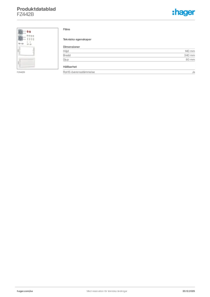 Bild Hager Produktdatablad FZ442B | Hager Sverige