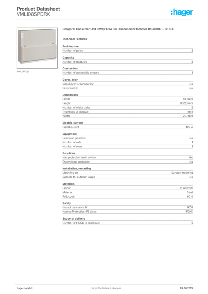 Image Hager Product data sheet VML108SPDRK  | Hager