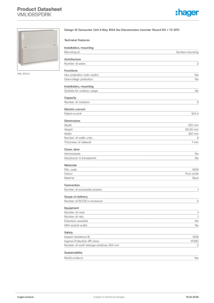 Image Hager Product data sheet VML108SPDRK  | Hager