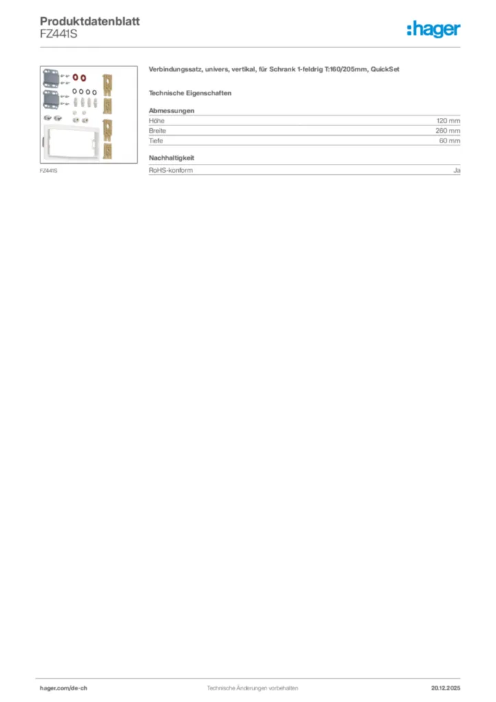 Bild Hager Produktdatenblatt FZ441S | Hager Schweiz
