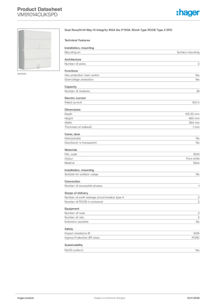Image Hager Product data sheet VM91014CUKSPD  | Hager