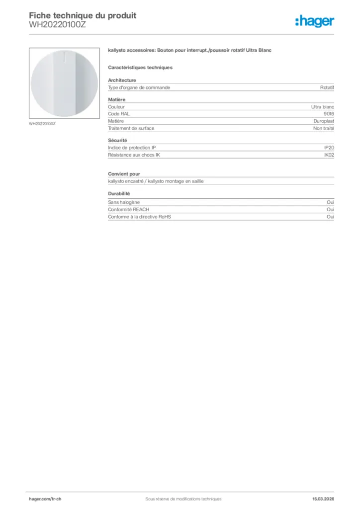 Image Hager Fiche technique du produit WH20220100Z | Hager Suisse