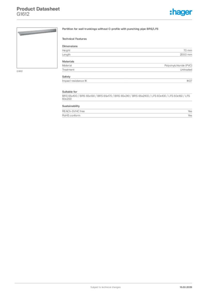 Image Hager Product data sheet G1612  | Hager Africa