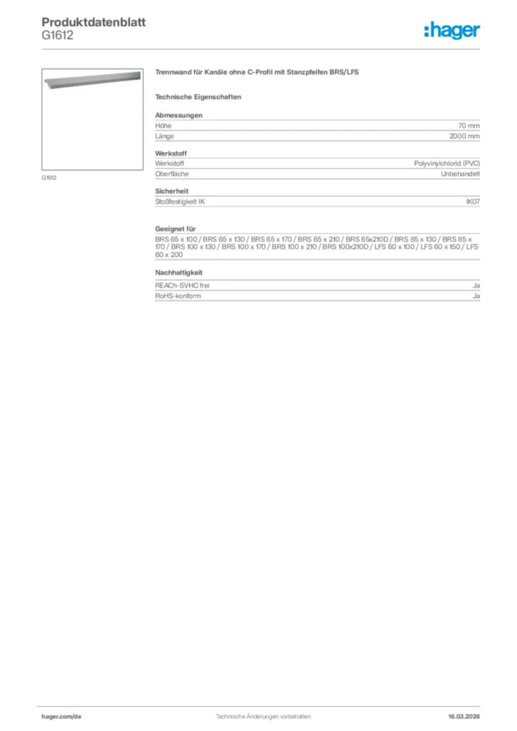 Bild Hager Produktdatenblatt G1612 | Hager Deutschland