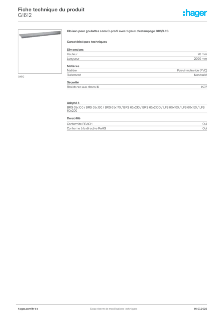Image Hager Fiche technique du produit G1612 | Hager Belgique