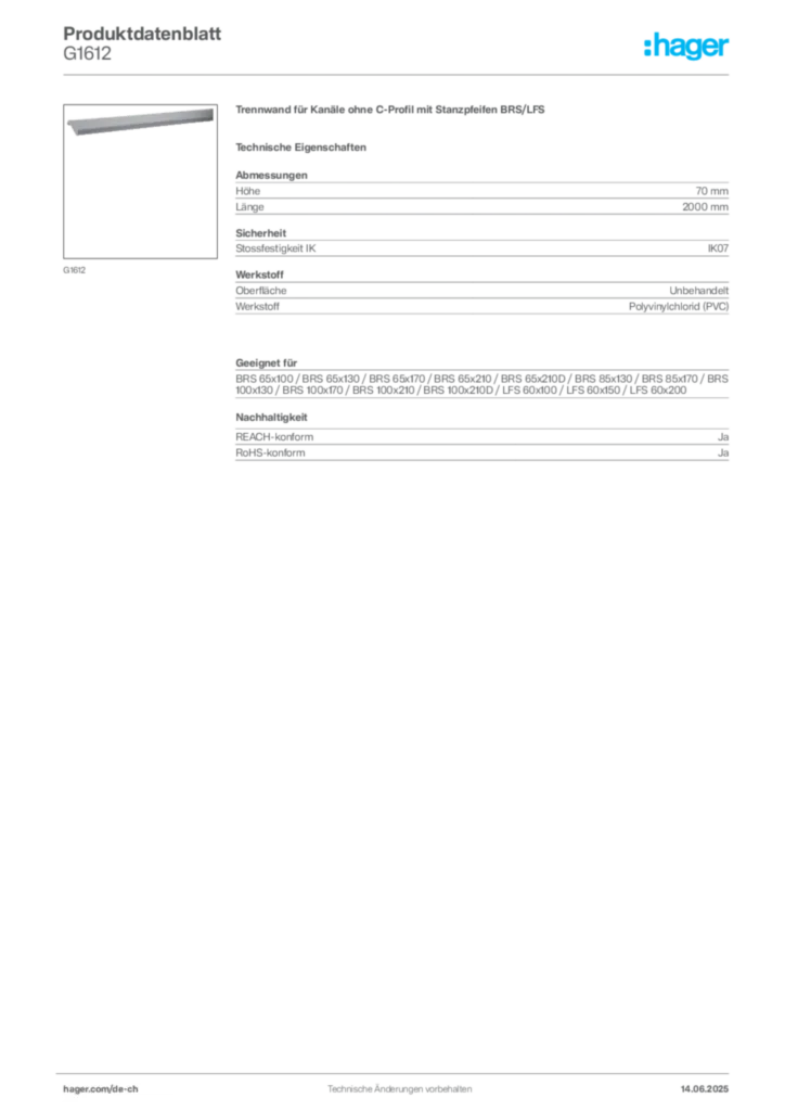 Bild Hager Produktdatenblatt G1612 | Hager Schweiz