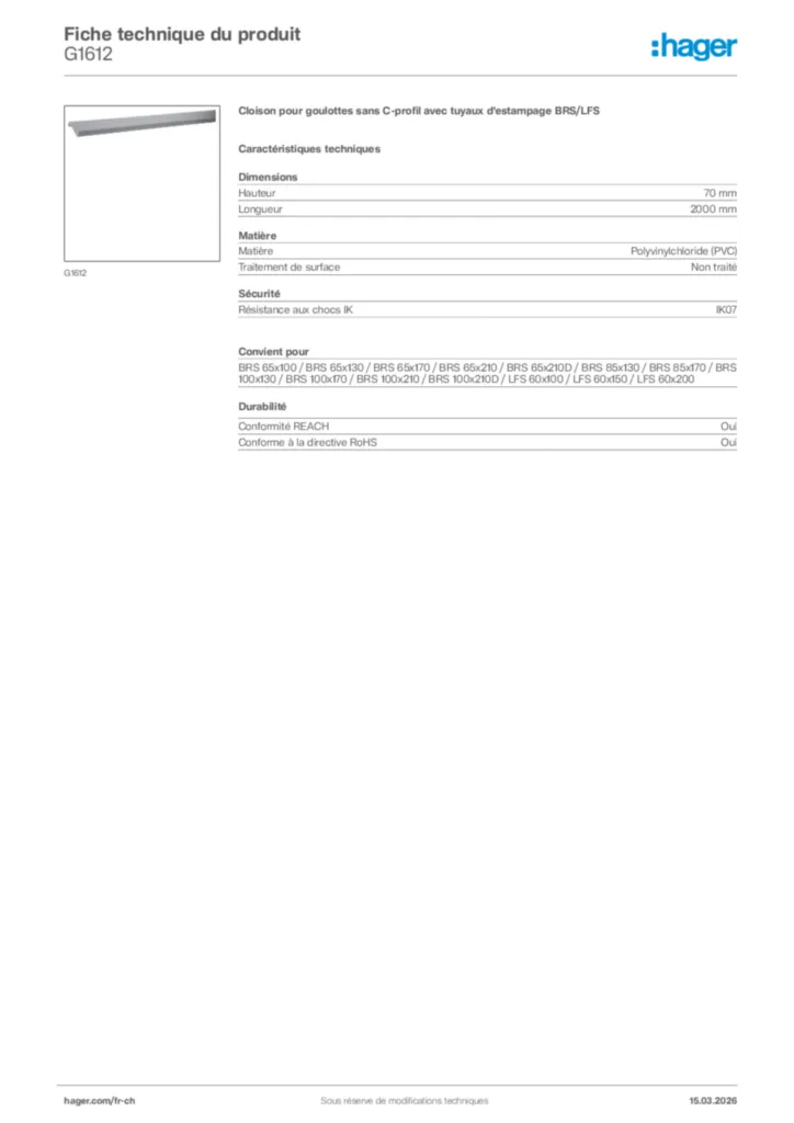 Image Hager Fiche technique du produit G1612 | Hager Suisse