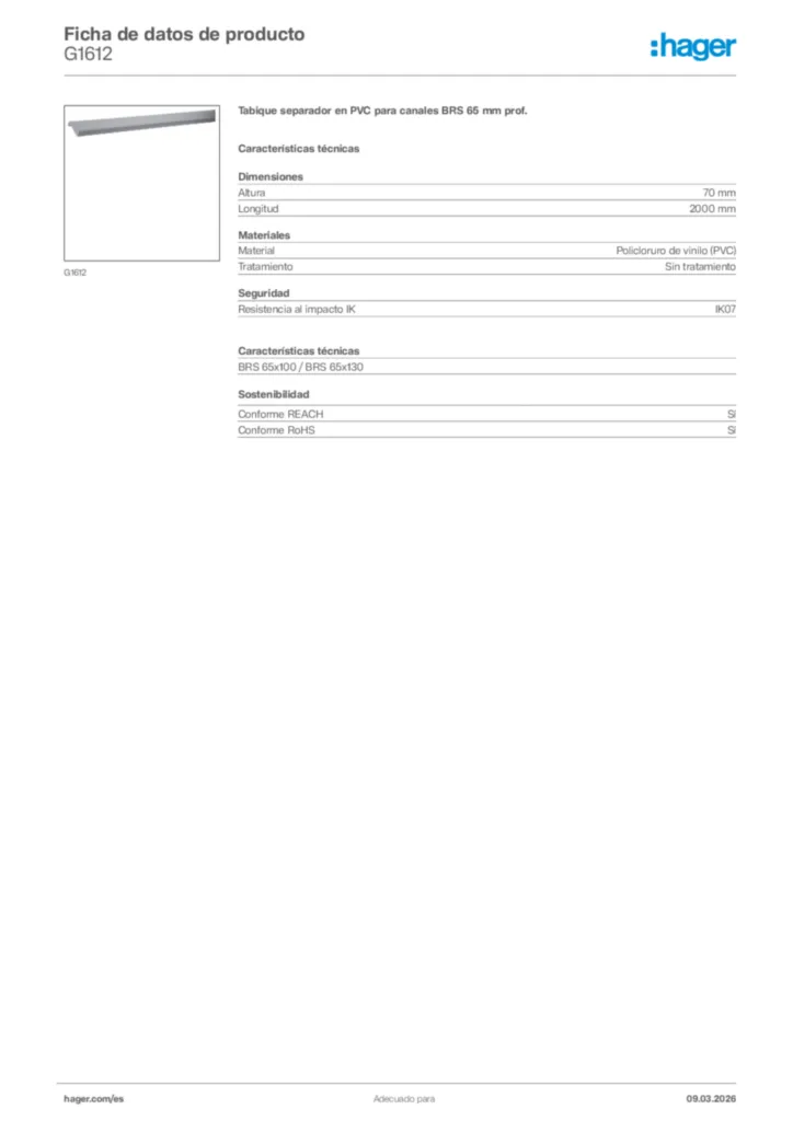 Imagen Hager Ficha de datos de producto G1612 | Hager España