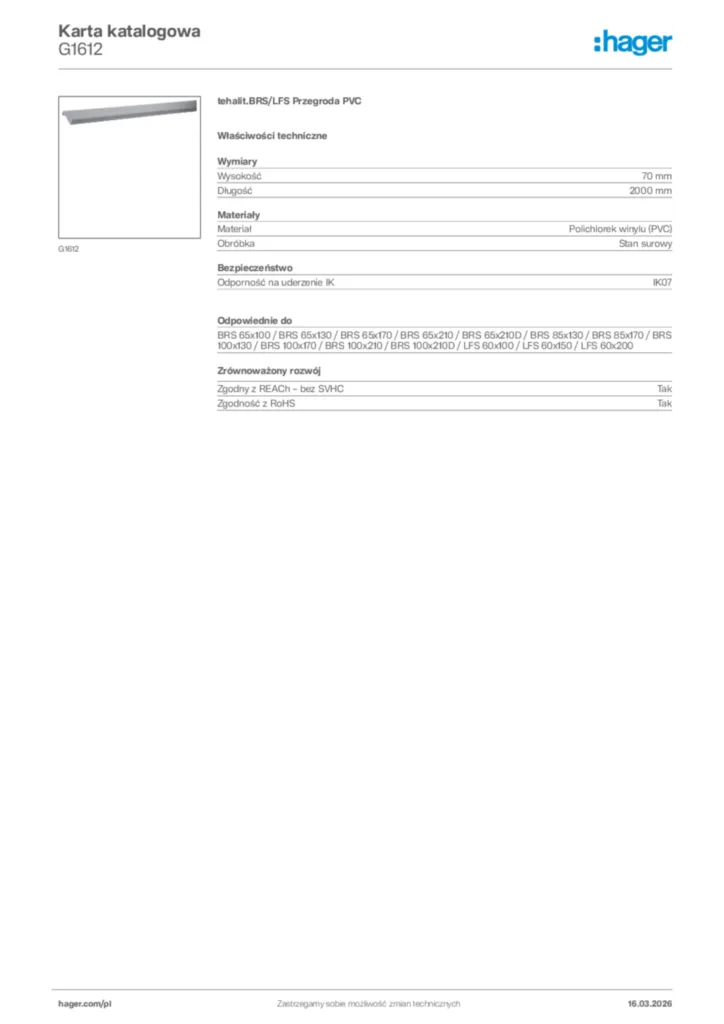 Zdjęcie Hager Karta katalogowa G1612 | Hager Polska