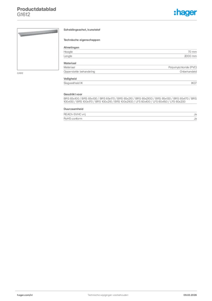 Afbeelding Hager Productdatablad G1612 | Hager Nederland