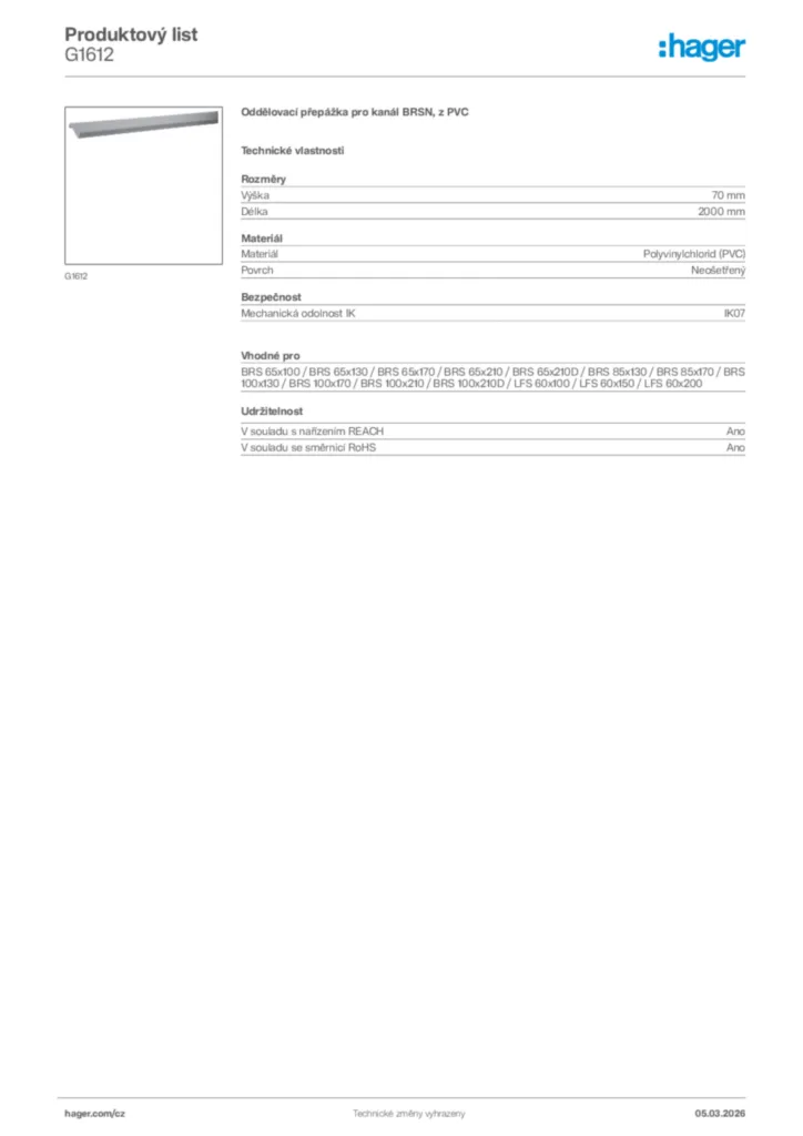 Obrázek Hager Product data sheet G1612 | Hager