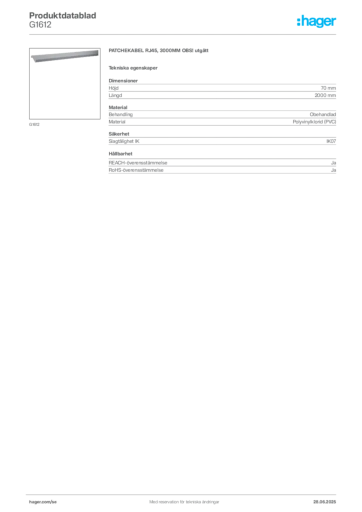 Bild Hager Produktdatablad G1612 | Hager Sverige