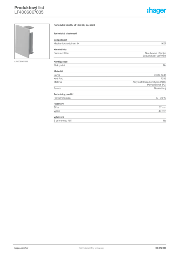 Obrázek Hager Produktový list LF4006067035 | Hager