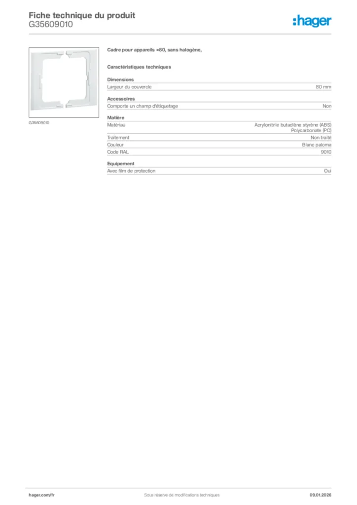 Image Hager Fiche technique du produit G35609010 | Hager France