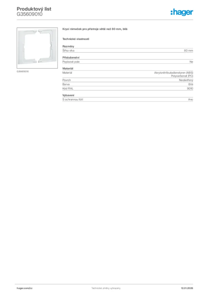 Obrázek Hager Product data sheet G35609010 | Hager