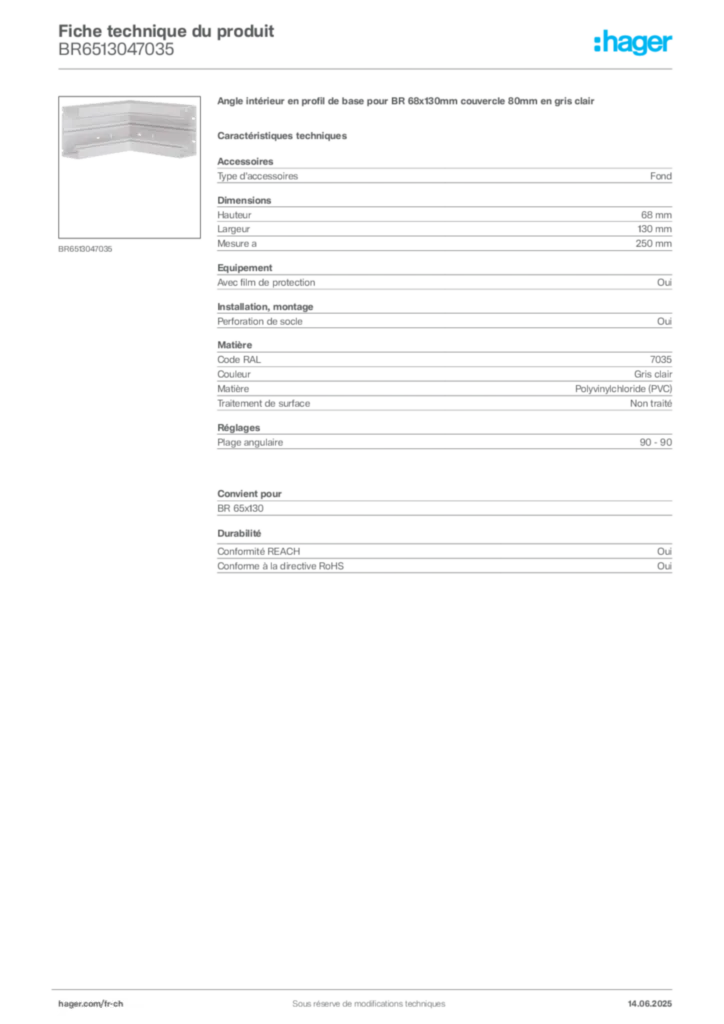 Image Hager Fiche technique du produit BR6513047035 | Hager Suisse