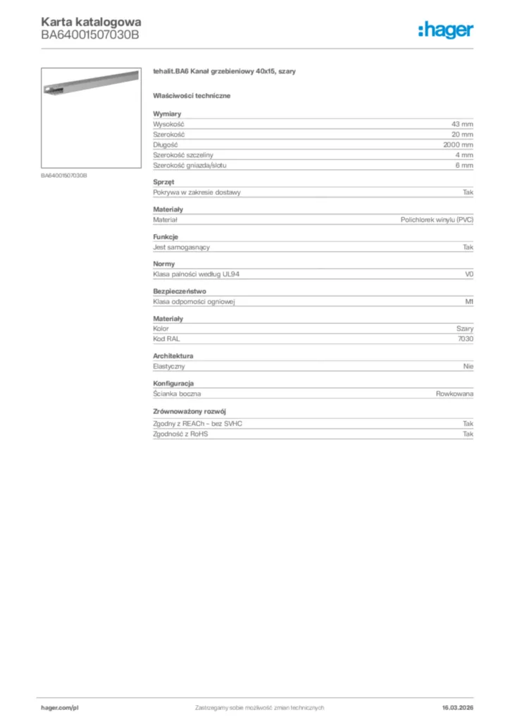 Zdjęcie Hager Karta katalogowa BA64001507030B | Hager Polska
