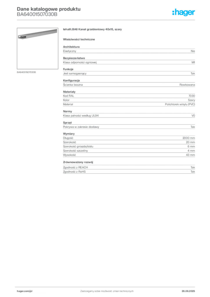 Zdjęcie Hager Karta katalogowa BA64001507030B | Hager Polska