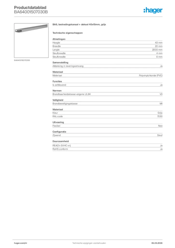 Afbeelding Hager Productdatablad BA64001507030B | Hager Nederland