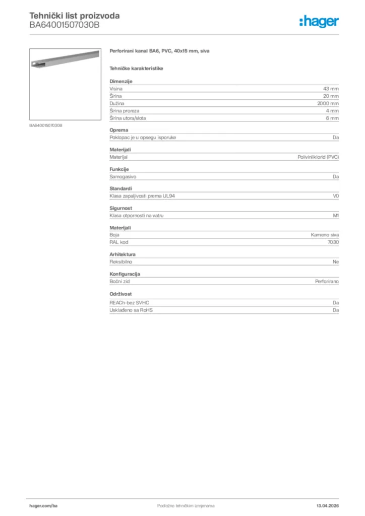 Slika Hager Tehnički list proizvoda BA64001507030B  | Hager