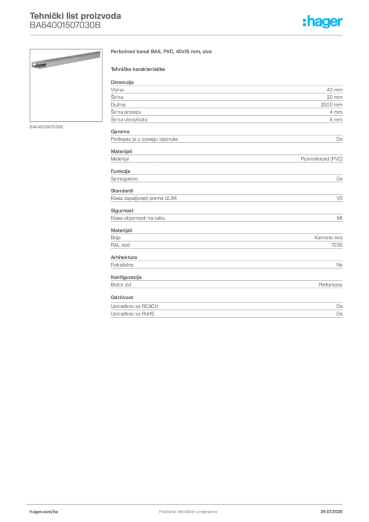 Slika Hager Product data sheet BA64001507030B  | Hager