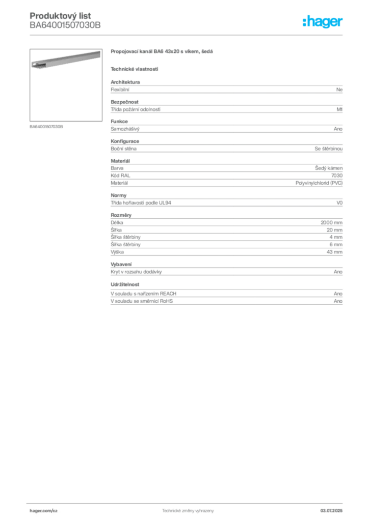 Obrázek Hager Produktový list BA64001507030B | Hager