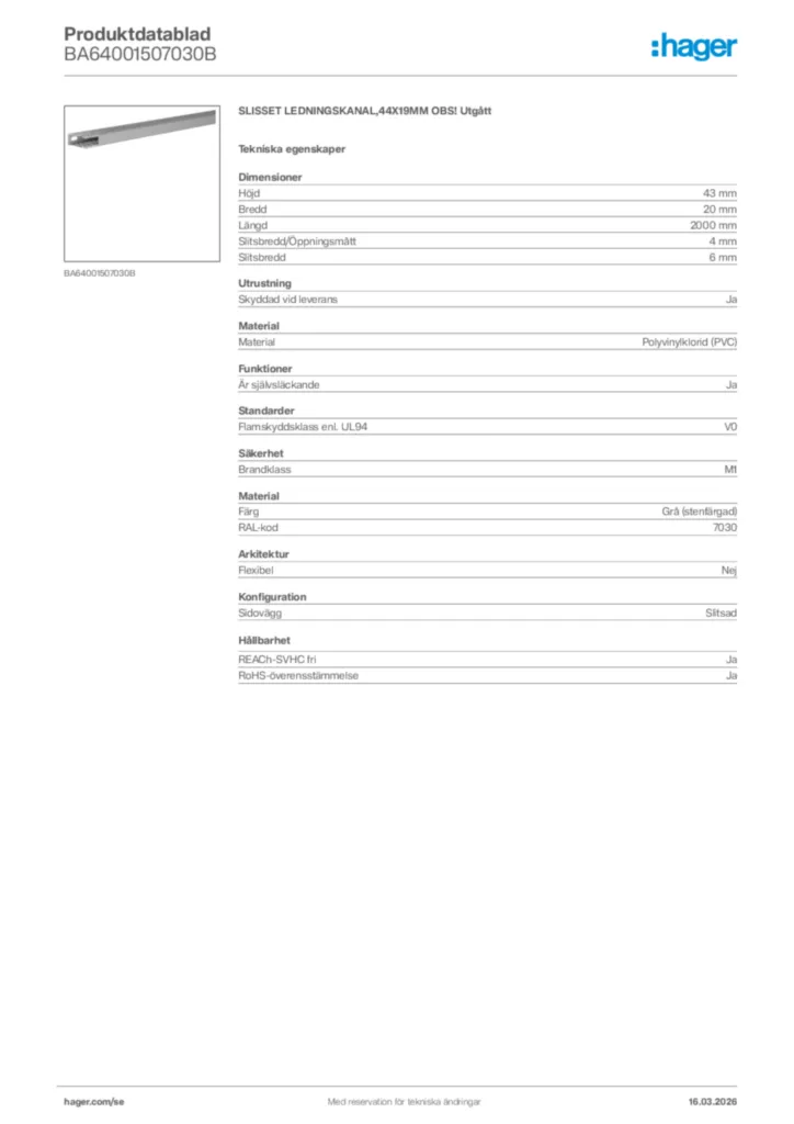 Bild Hager Produktdatablad BA64001507030B | Hager Sverige