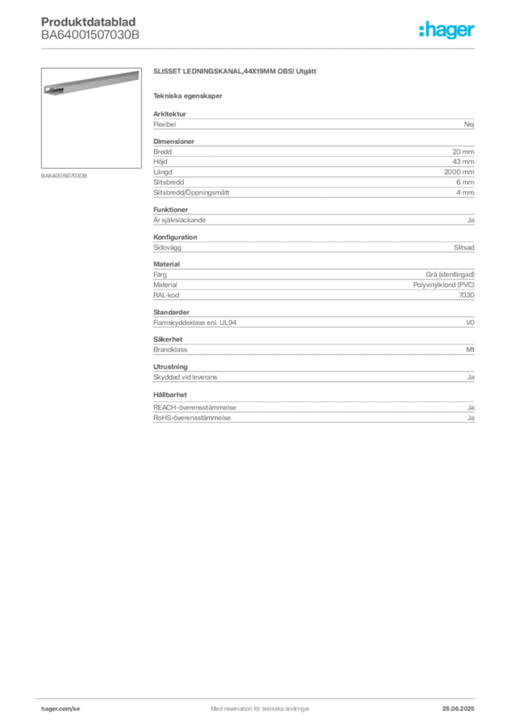 Bild Hager Produktdatablad BA64001507030B | Hager Sverige